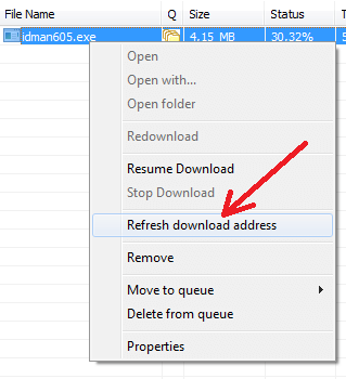'Refresh download address' Internet Download Manager list pop-up menu item